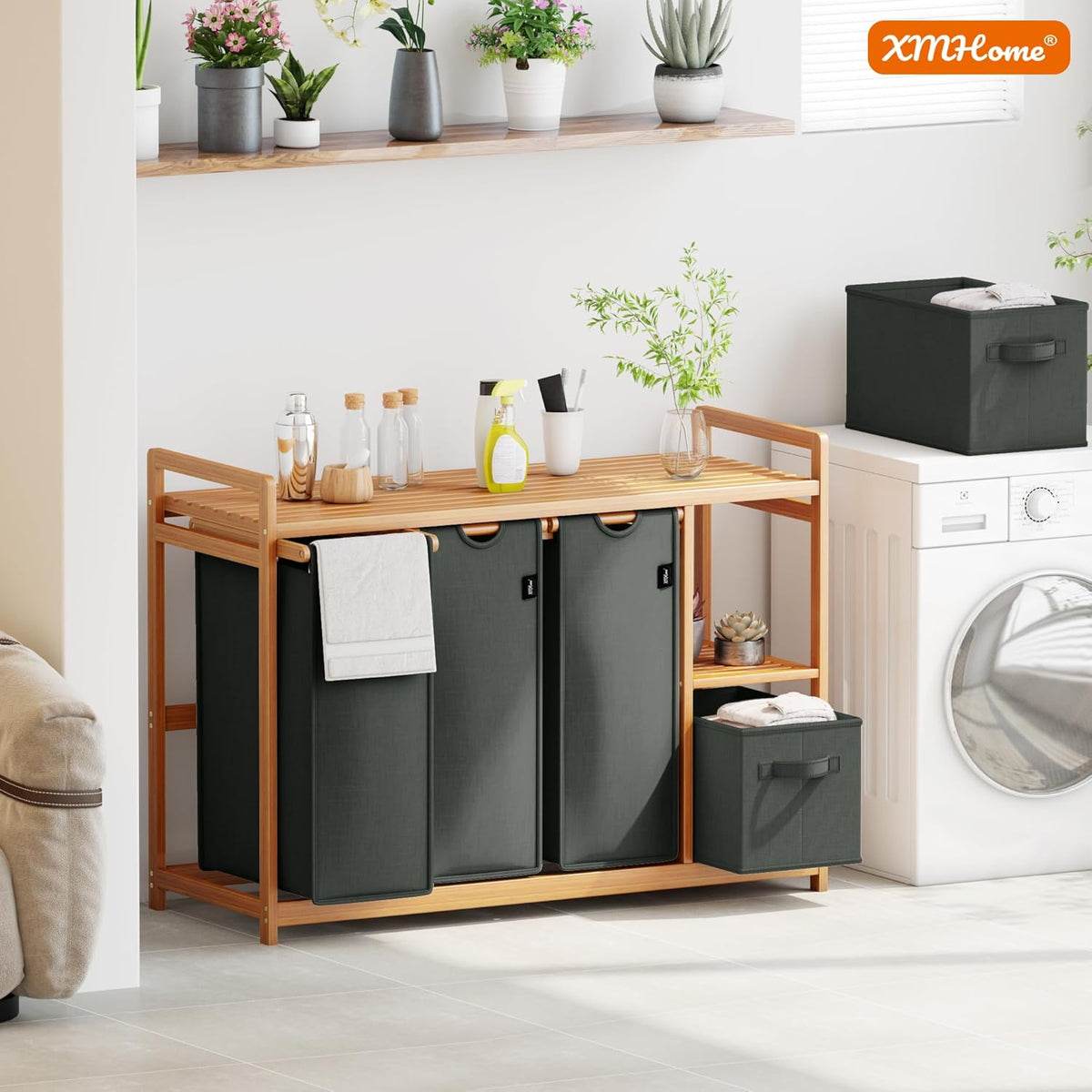 Bamboe wasmand 188 l met 2 waszakken en 2 opbergdozen, 5-voudige wassorteerder met bamboe rek, wasverzamelaar voor badkamer, slaapkamer en bijkeuken, laundry basket, donkergrijs