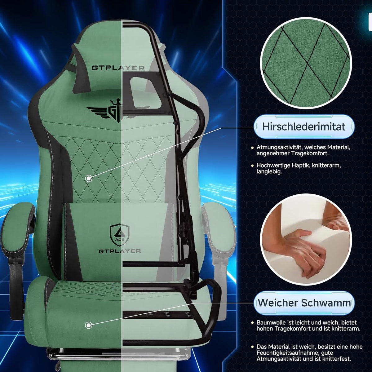 GTPLAYER Ergonomic Gaming Chair, Technical Fabric, with Lumbar Support, Computer Chair with Extended Backrest, Supports up to 150kg, Green - QUORE