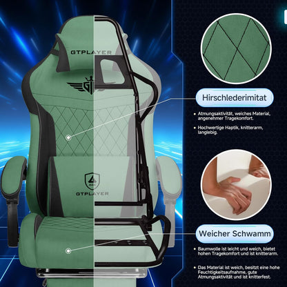 GTPLAYER Ergonomic Gaming Chair, Technical Fabric, with Lumbar Support, Computer Chair with Extended Backrest, Supports up to 150kg, Green - QUORE
