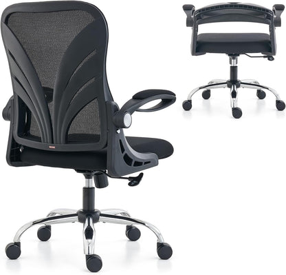 Ergonomische bureaustoel met opvouwbare rugleuning, computerbureaustoel met opklapbare armleuningen, mesh lendensteun en kantelfunctie, grote en hoge bureaustoel, zwart