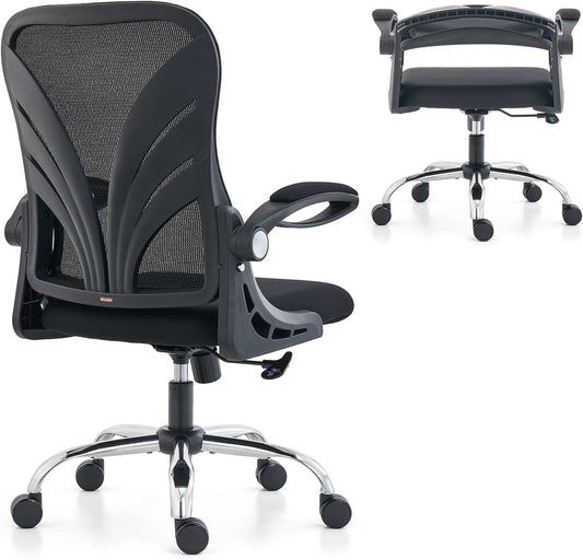Ergonomische bureaustoel met opvouwbare rugleuning, computerbureaustoel met opklapbare armleuningen, mesh lendensteun en kantelfunctie, grote en hoge bureaustoel, zwart