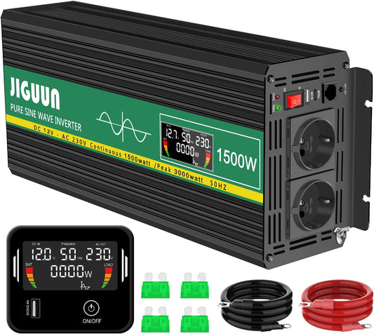 1500W Zuivere Sinus Omvormer – Spanningsomvormer – Power Inverter – 12V Naar 230V Converter – Caravan Omvormer – LCD-Display – Afstandsbediening