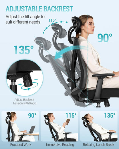 Hzuaneri Ergonomic Office Chair, Computer Chair, Swivel Chair, with Adjustable Lumbar Support, Headrest and Armrests, Back Protection, Maximum Load Capacity 150 kg, Black ON00299B