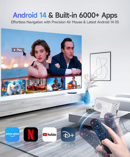 Alwtniet Draagbare beamer, 4K, 8K, Native Full HD, 1080P, mini-projector, Android 14, WiFi 6, Bluetooth 5.4, autofocus, 6D, autofocus, 180°-rotatie, voor thuisbioscoop, smart-tv, zeer korte opname