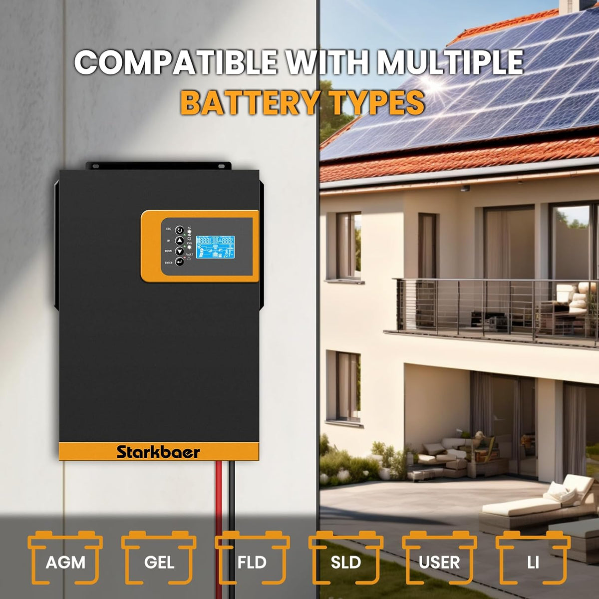 5,5 kW hybride omvormer, off-grid zuivere sinusomvormer, 48 V DC naar 230 V AC, met 100 A MPPT-zonnelaadregelaar, voor lood- en lithiumbatterijen (5,5 kW 48 V)