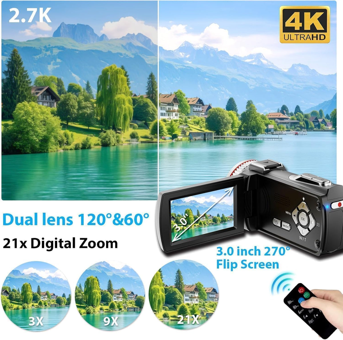 Videocamera 4K – Camcorder – Vlogcamera – Vloggingcamera – YouTube Camera – 64 GB Kaart – 3,0 Inch 270° Draaibaar Scherm