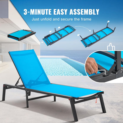 VEVOR Tuinligbed voor buiten, 2 stuks, inklapbaar, van aluminium, voor terras, met 5 verstelbare posities, volledig plat, voor strand, zwembad, outdoor, terras, blauw