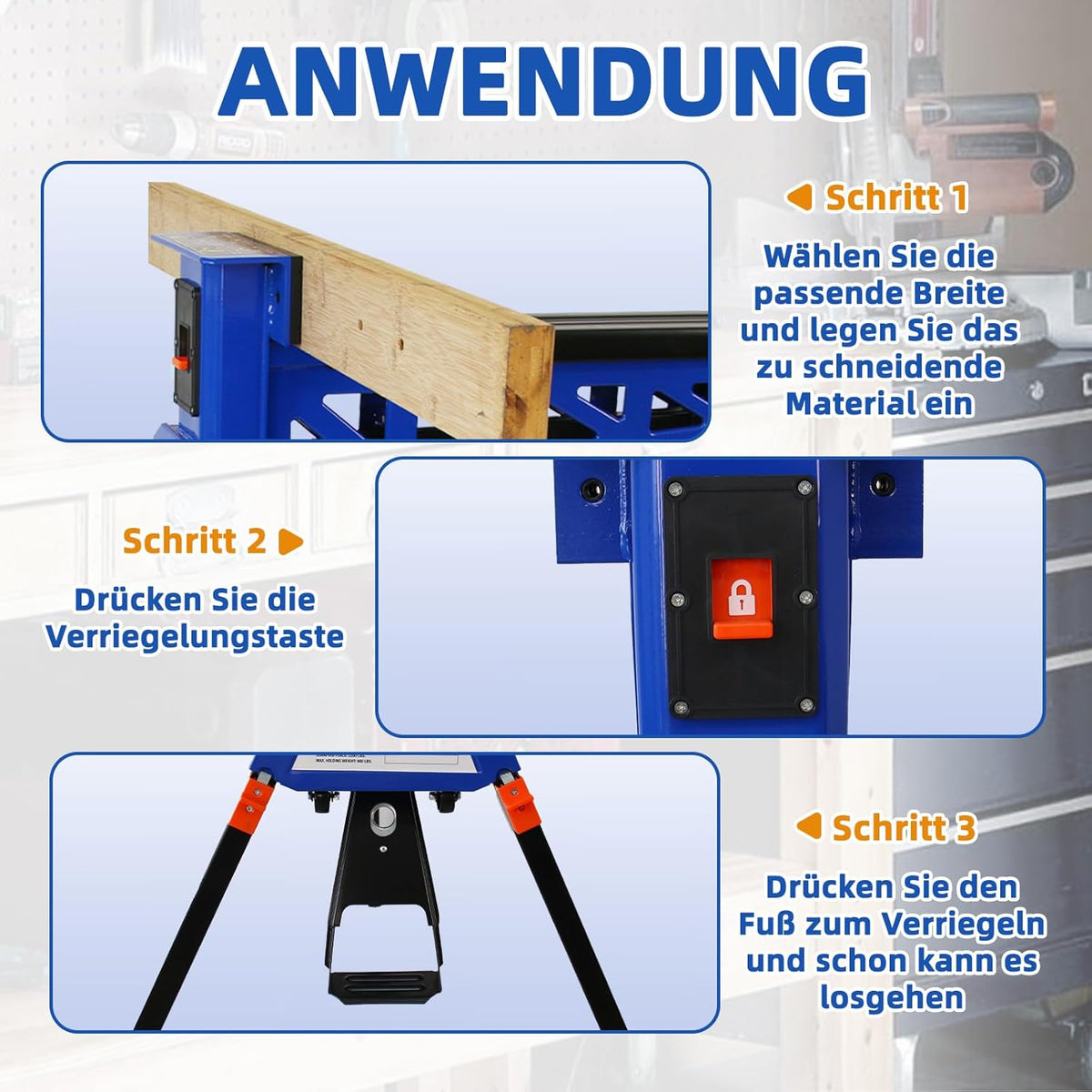 SoonTools Draagbaar werk- en klemsysteem, mobiele inklapbare werkbank met voetbediend mechanisme, 150 kg draagvermogen Horse Work Bench, materiaal ondersteuningsstation