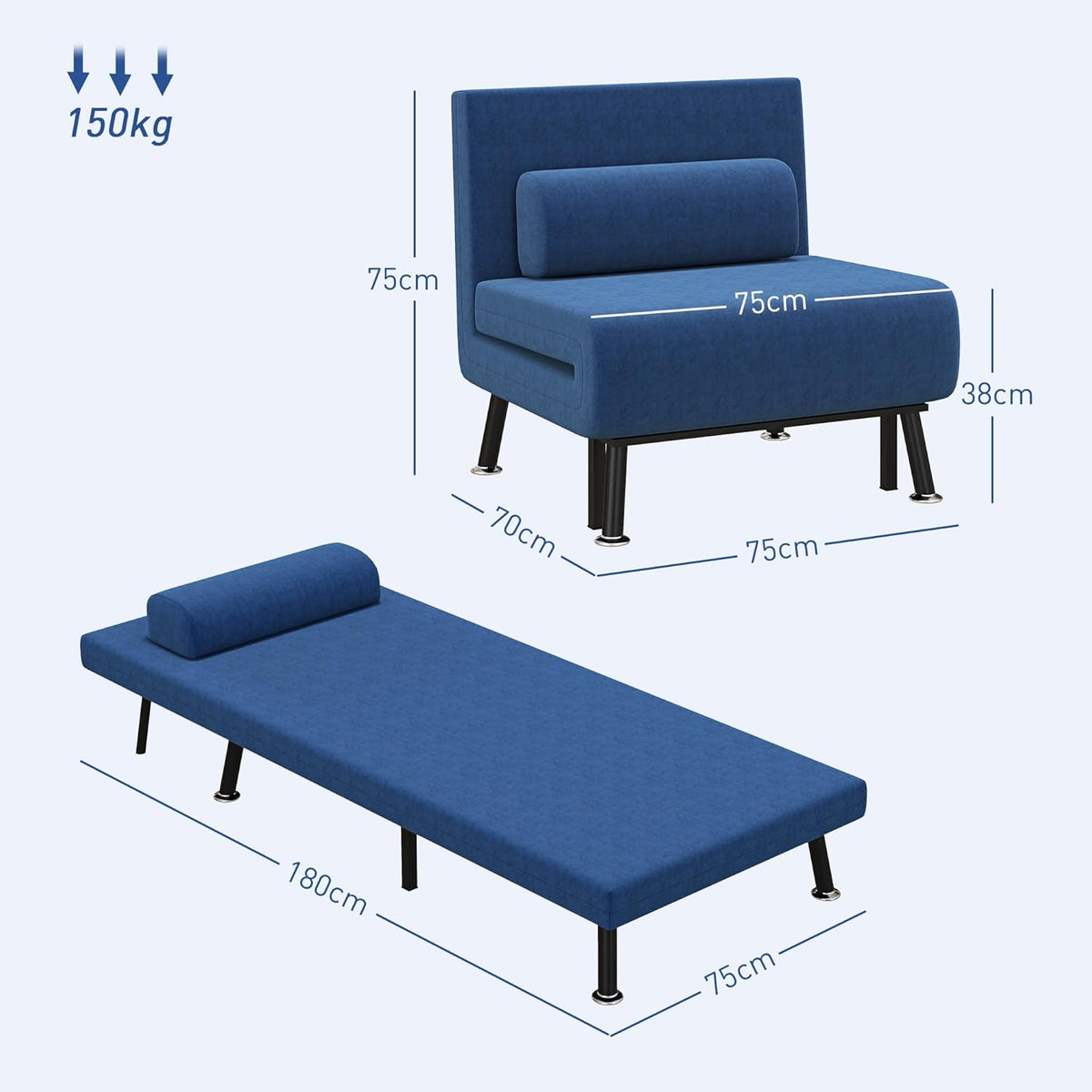 HOMCOM Schlafsessel, Klappbett mit Bettfunktion, Rückenkissen, Klappbar Relaxsessel mit Leinenoptik, Verstellbarer Rückenlehne, 75 x 70 x 75 cm, Dunkelblau - QUORE