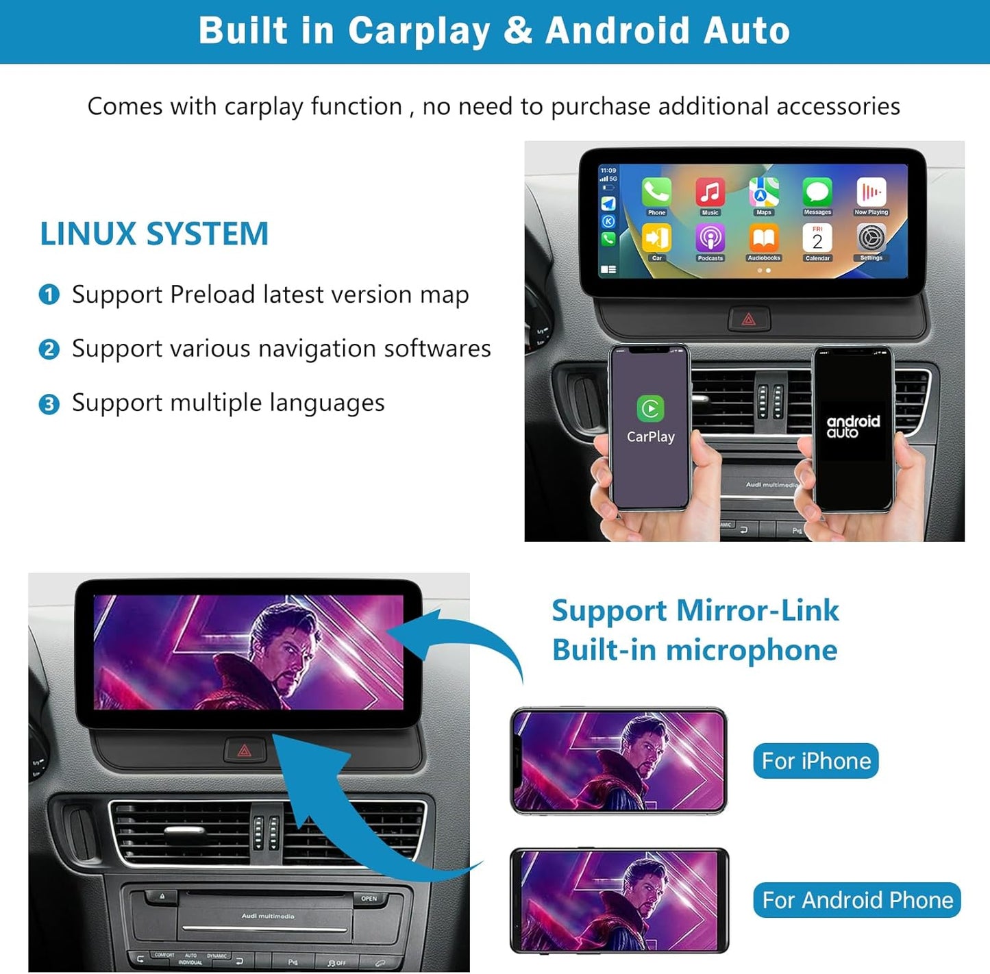Autoradio Audi Q5 – Multimedia Systeem – Carplay Radio – Navigatie Systeem – Touchscreen Display – 12,3 Inch Scherm – Draadloze Apple CarPlay & Android Auto