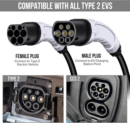 Type 2 EV-oplaadkabel met opbergtas, type 2 naar type 2 EV-laadkabel, 5 m, 7 kW, 32 A, 1-fase, snellader type 2 EV-oplader voor Tesla en elektrische voertuigen, auto's, thuis en in het openbaar