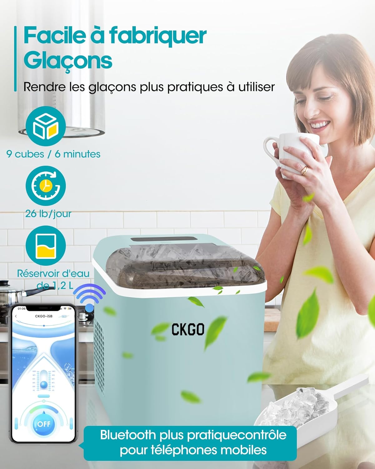 IJsblokjesmachine – IJsblokjesmaker – IJsblokjesapparaat – IJscryomachine – IJsdispenser – Wifi-App Bediening – Zelfreinigend – 15 kg IJs per 24 uur – 9 IJsblokjes in 6-10 Minuten