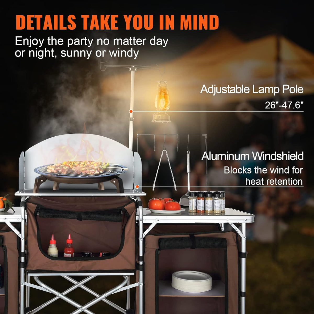 VEVOR Snelle installatie voor picknick, BBQ, RV reizen, ontworpen hout aluminium, bruin, 3 kasten