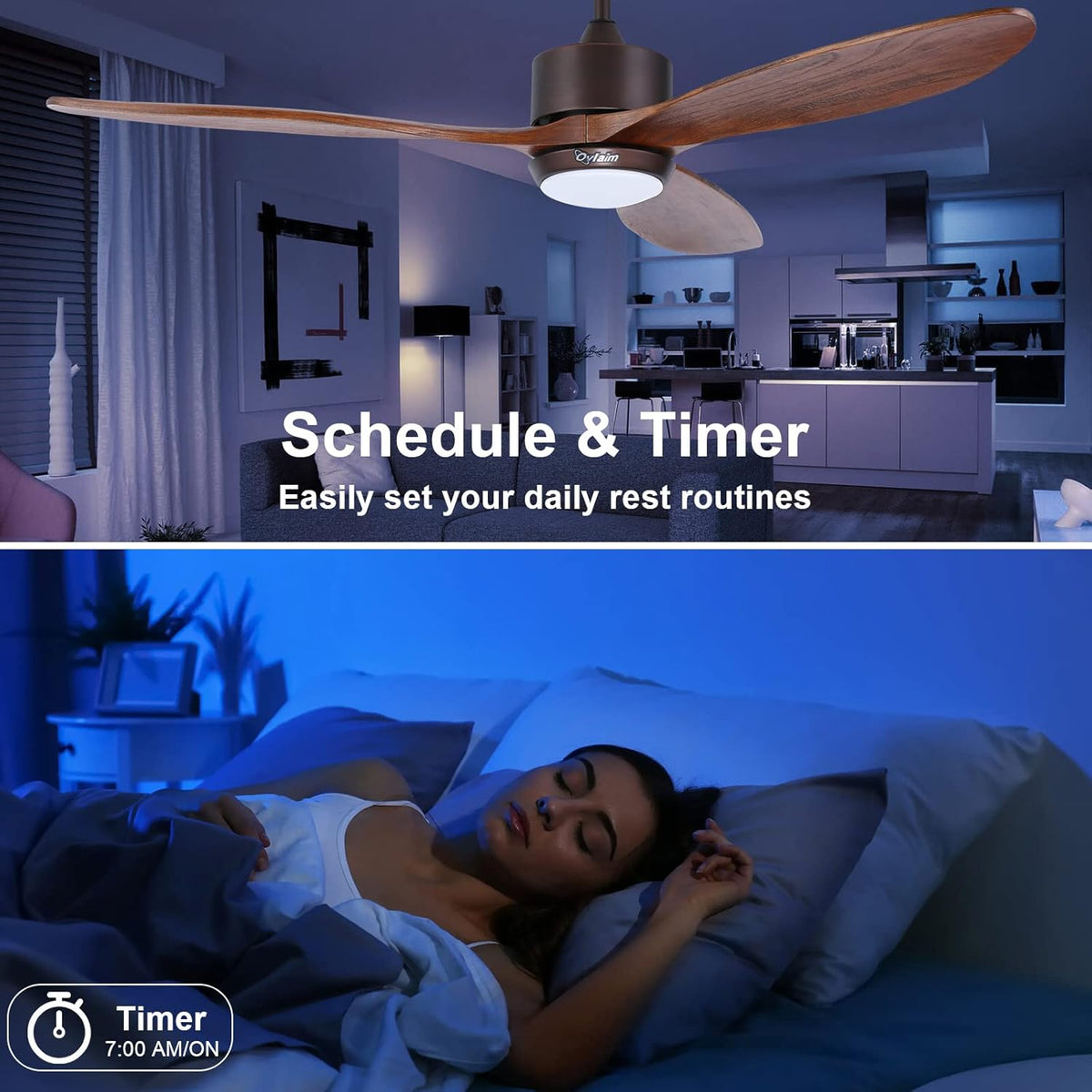Ovlaim 132cm walnoot houten plafondventilatoren met afstandsbediening verlichting, 3-bladige propeller slimme plafondventilator voor binnen buiten, hoge luchtstroom stille DC-motor