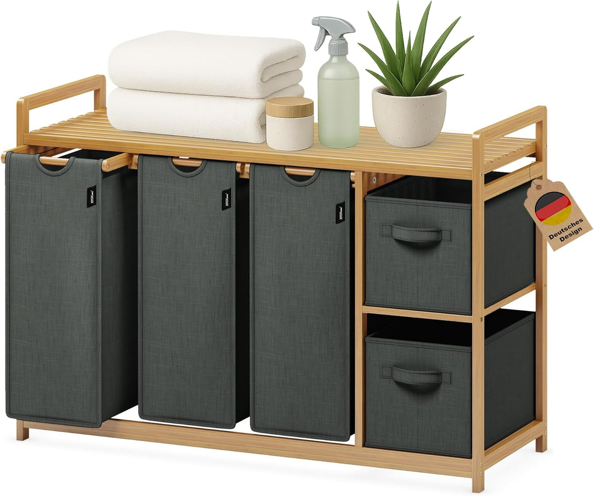 Bamboe wasmand 188 l met 2 waszakken en 2 opbergdozen, 5-voudige wassorteerder met bamboe rek, wasverzamelaar voor badkamer, slaapkamer en bijkeuken, laundry basket, donkergrijs