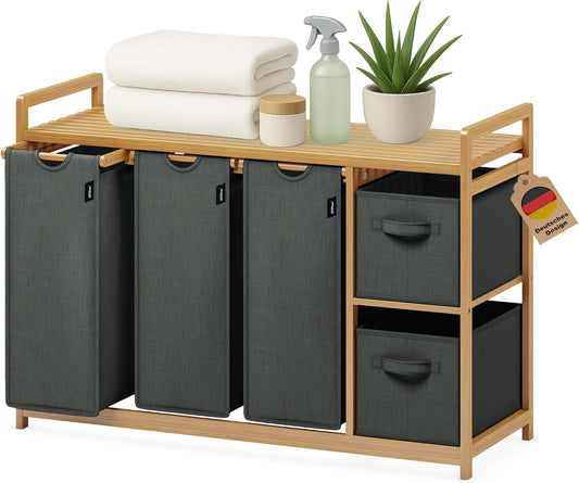 Bamboe wasmand 188 l met 2 waszakken en 2 opbergdozen, 5-voudige wassorteerder met bamboe rek, wasverzamelaar voor badkamer, slaapkamer en bijkeuken, laundry basket, donkergrijs