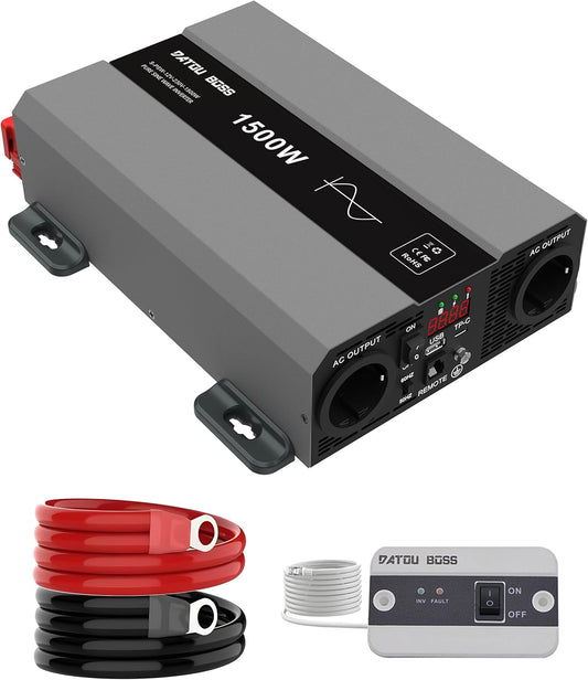 DATOUBOSS Inverter 12v to 230v Pure Sine Wave 1500W/3000W, Inverter 12v to 230v with 2 EU Jacks, USB/USB-C Output and LCD Display, For Motorhomes, Trucks, Camping, Off-Grid Inverter - QUORE