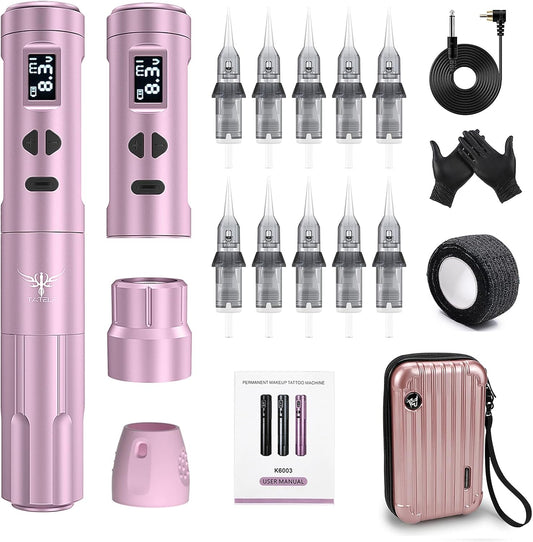 TATELF Draadloze Tattoo Kit, Professionele Permanente Make-upmachine met 2 stks Batterijen 10 stks Cartridges Naalden Permanente Make-up Tattoo Pen voor Beginners