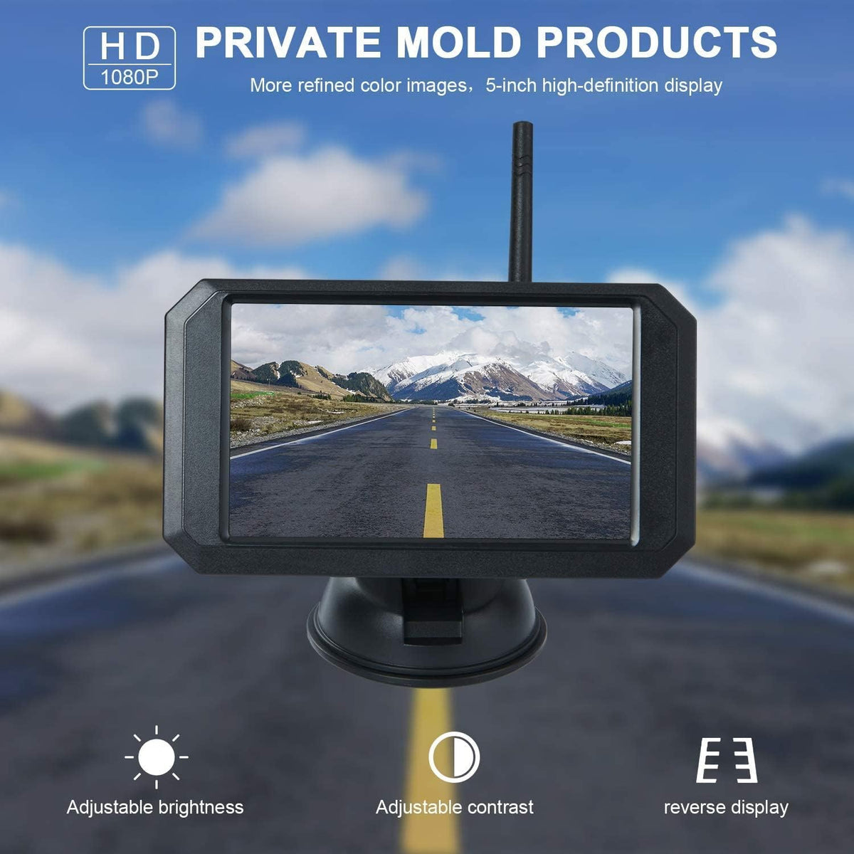 OBEST Digitale draadloze achteruitrijcamera-kit, 5 inch 1080p scherm en waterdichte nachtzichtcamera met spiegelomkering en parkeerassistent voor 9-28 V