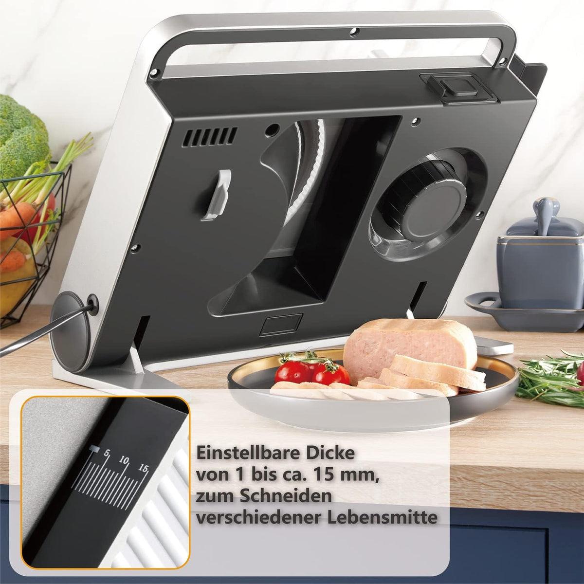 Muchen Allessnijder, elektrische broodsnijmachine, worstsnijmachine, hamsnijmachine, keukenmachine met afneembaar roestvrijstalen lemmet, 45 W, vleesnijder voor vlees, brood, fruit, zilver GJ802