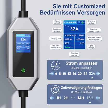 Wallbox 22 KW [3-fasig|7 m|6-32 A] met app en 32A CEE-stekker, mobiele Wallbox laadstation voor thuis