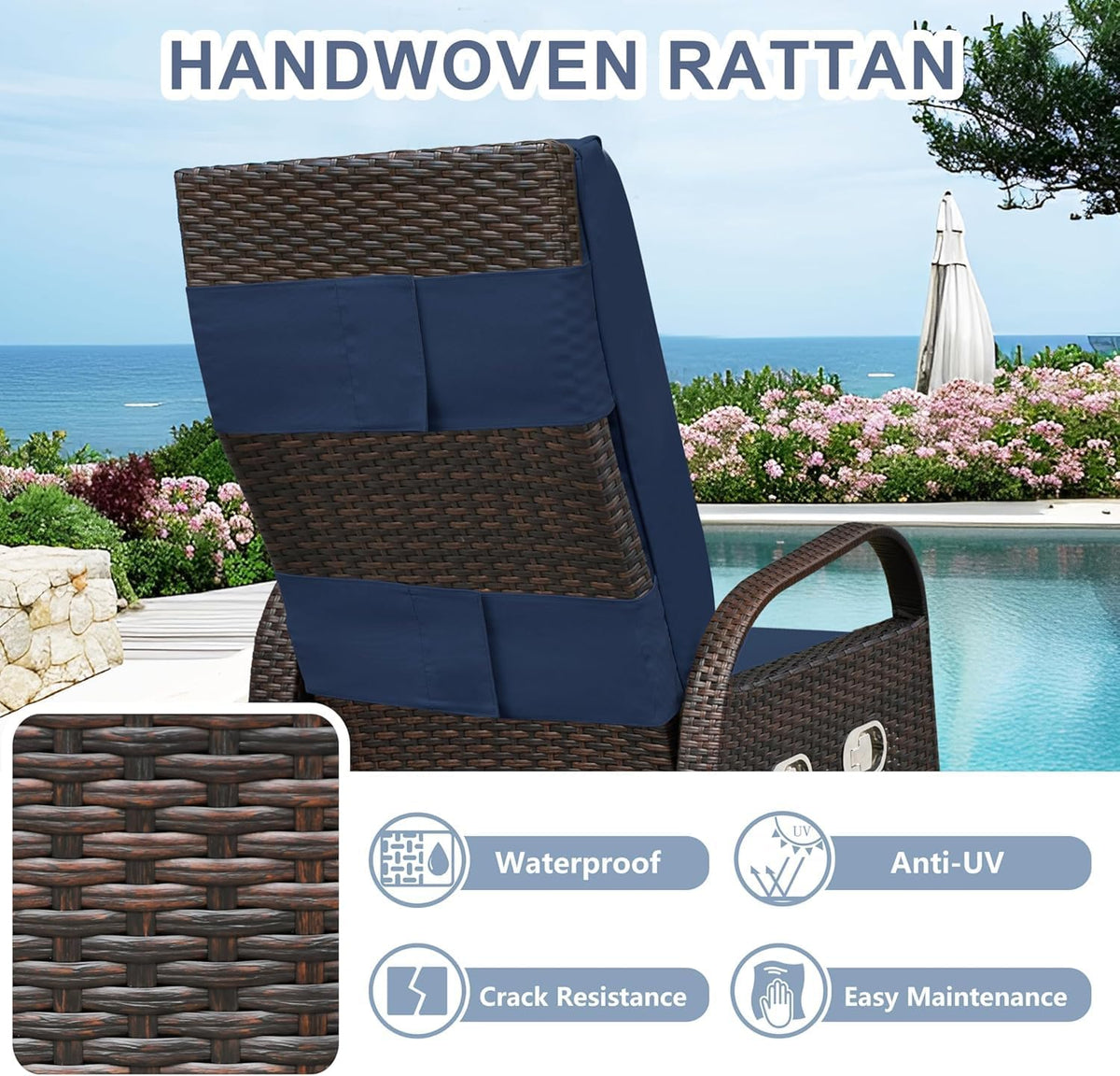 ATR ART TO REAL Verstelbare tuinstoel met geïntegreerde tafel, rotan van hars en afneembaar kussen voor binnen en buiten (marineblauw)