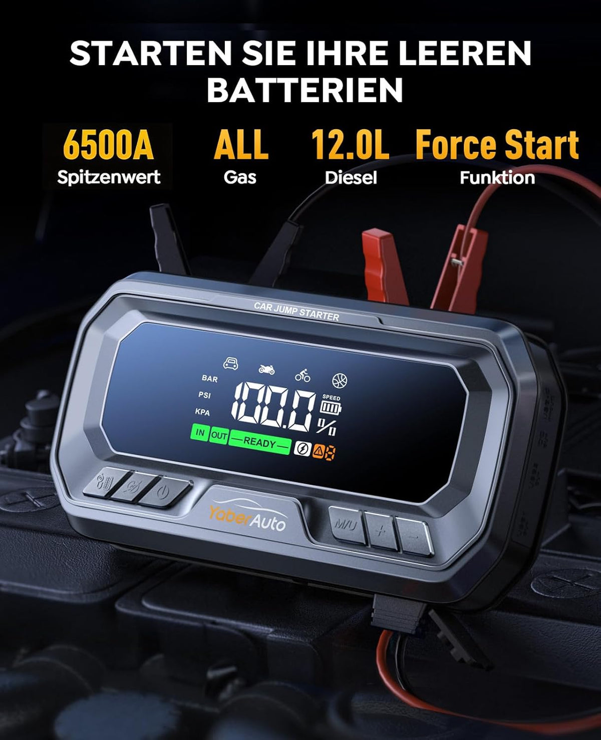 YaberAuto Starthulp powerbank met 160 psi compressor, 6500 A starter powerbank, PD 65 W ingang/uitgang powerbank, voor auto's met 3,3 inch lcd-scherm, 600 lumen noodverlichting, gedwongen startfunctie