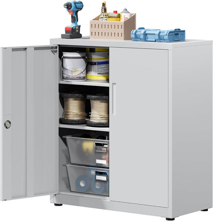 Metal Cabinet with Key Clasp, with 3 Shelves for Office, Adjustable Shelves for Office, Garage, Storage Room, Grey White - QUORE