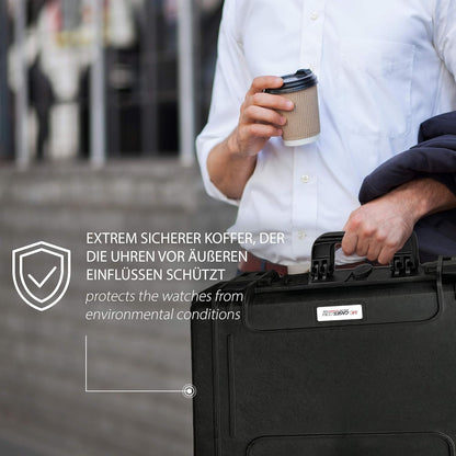 MC-CASES ® Draagkoffer voor maximaal 14 horloges, reiskoffer, waterdicht, afsluitbaar, perfect voor op reis, extreem beschermd, Made in Germany, zwart, ruimte voor 14, zwart., Platz für 14 Uhren,