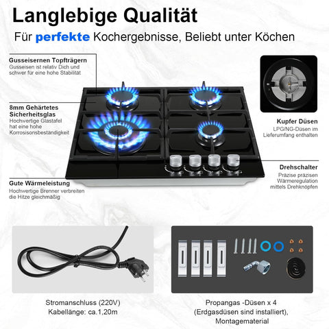 Inbouw Gaskookplaat - gaskookplaat - Gasfornuis - met  4 Kookzones - Ontstekings - Zekering - Geschikt voor Aardgas - Opropaangas - 58.4 cm - 8060W - 220-240V - Zwart