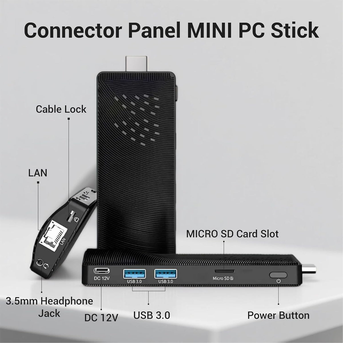 Fanless Mini PC Stick, Intel Celeron J3455 Quad-Core 1,5-2,3 GHz, 4 GB RAM 64 GB eMMC, Dual Gigabit Ethernet, 4K 60Hz HDMI, WiFi BT 5.0, USB 3.0 x2, Win 10 Pro voor zakelijke, industriële en