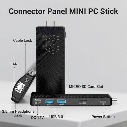 Fanless Mini PC Stick, Intel Celeron J3455 Quad-Core 1,5-2,3 GHz, 4 GB RAM 64 GB eMMC, Dual Gigabit Ethernet, 4K 60Hz HDMI, WiFi BT 5.0, USB 3.0 x2, Win 10 Pro voor zakelijke, industriële en