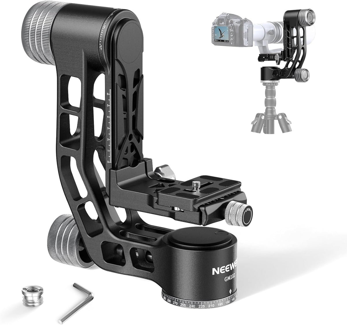 NEEWER GM102 Gimbalkop voor statief, monopod, telelens, 360° panorama-camera-statiefkop, 3-assige instelling, hoogwaardige CNC-aluminiumlegering, Arca-type snelspansysteem, maximaal 15 kg