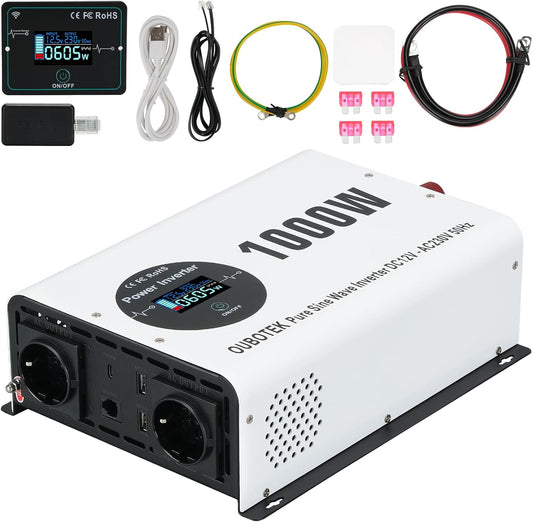 Omvormer, 1000 W/2000 W, 12 V DC naar AC 230 V, met draadloze afstandsbediening, lcd-display, 2 AC-uitgangen, 2 USB A en 1 type C, spanningsomvormer voor camper, thuis