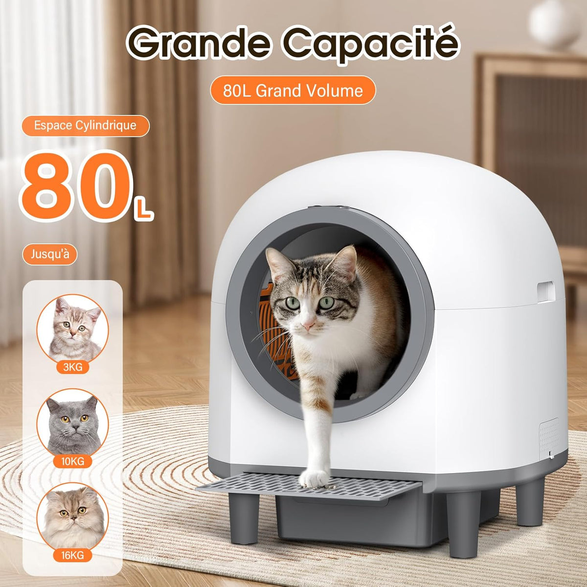 Automatische kattenbak, XXL, 80 liter, zelfreinigende kattentoilet, app-afstandsbediening met meerdere veiligheidssensoren, geurneutralisatie en veiligheidsstopsysteem
