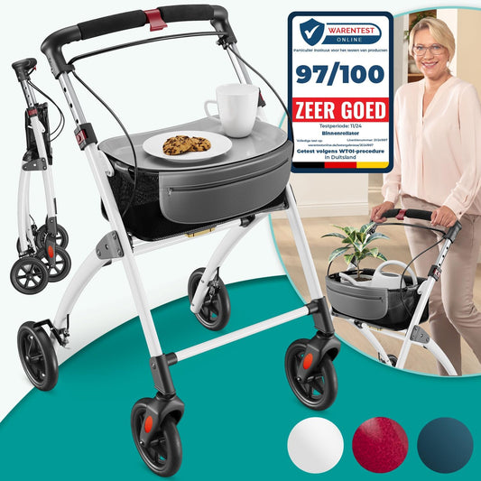 ELONEO Lichtgewicht Rollator voor Binnen - 54 cm Breed, Opvouwbaar Looprek met Dienblad en Stoffen Mandje, Smalle Rollator van Aluminium, Inklapbaar Mobiliteitshulpmiddel, Wit