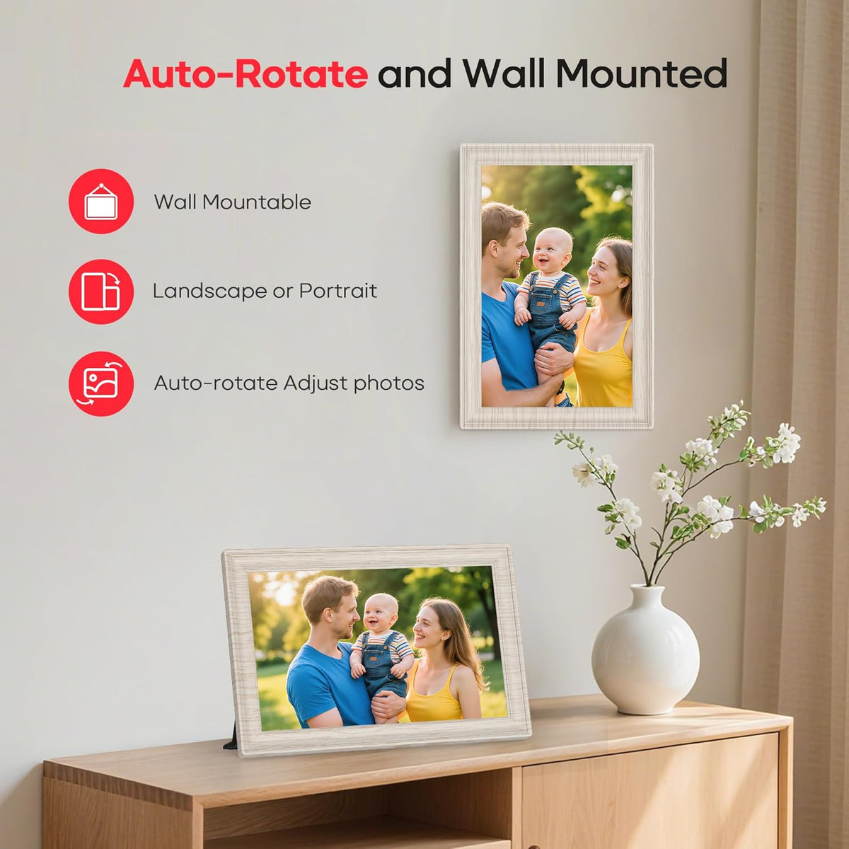 Digitale fotolijst – Digitale lijst – Fotodisplay – Wifi-fotolijst – Berkenhouten fotolijst – 10,1 Inch – 32 GB Opslag