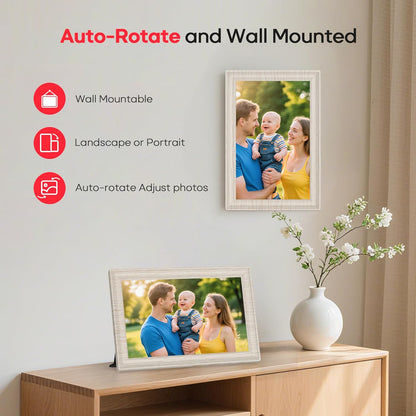 Digitale fotolijst – Digitale lijst – Fotodisplay – Wifi-fotolijst – Berkenhouten fotolijst – 10,1 Inch – 32 GB Opslag