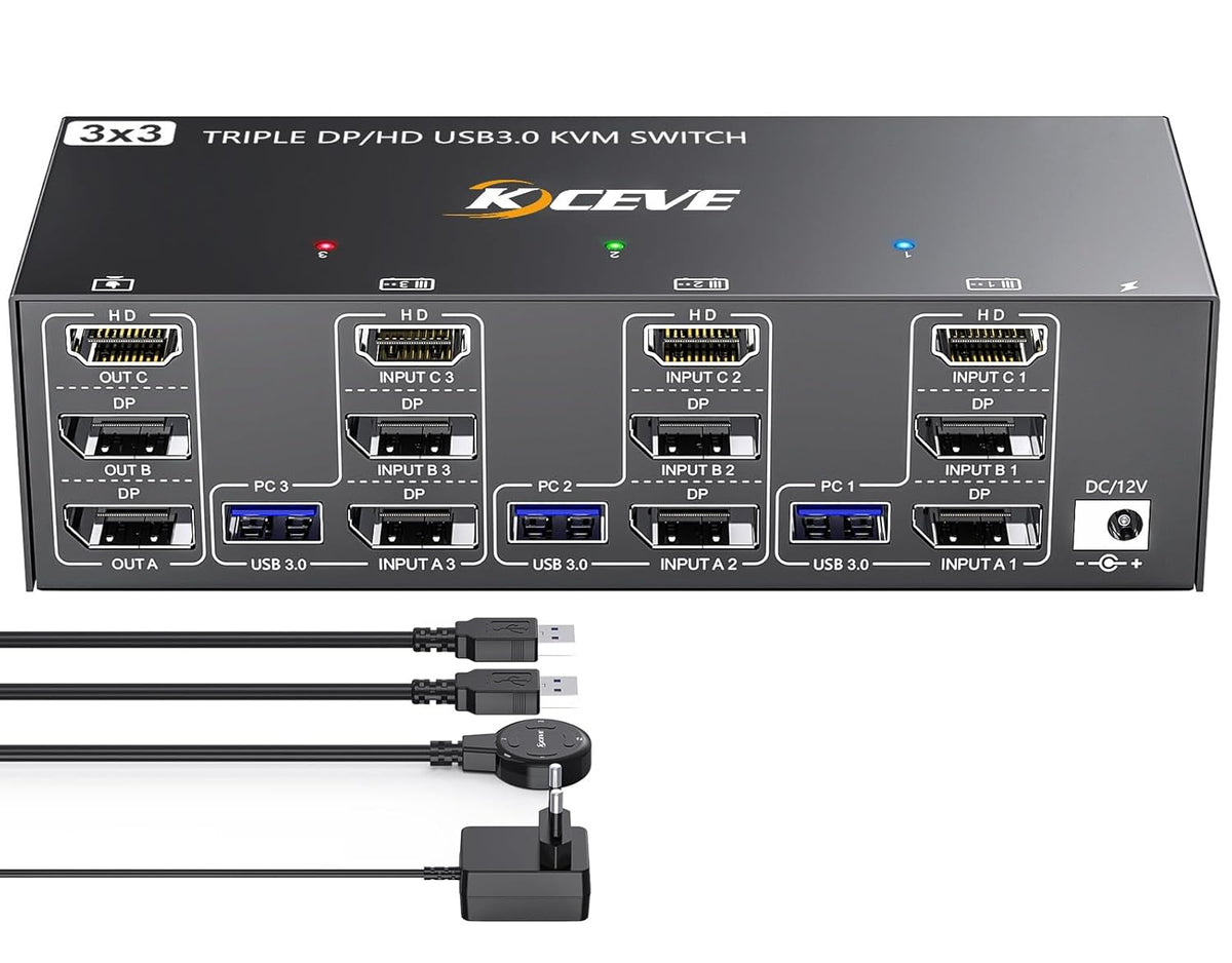 USB 3.0 KVM Switch 3 Monitors 3 Computers HDMI+DP+DP 3 Port, Triple Monitor KVM Switch 8K@60Hz 4K@144Hz for 3 Computers Share 4 USB 3.0 Devices Mouse Keyboard