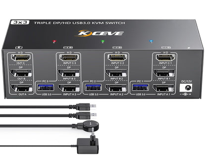 USB 3.0 KVM Switch 3 Monitors 3 Computers HDMI+DP+DP 3 Port, Triple Monitor KVM Switch 8K@60Hz 4K@144Hz for 3 Computers Share 4 USB 3.0 Devices Mouse Keyboard