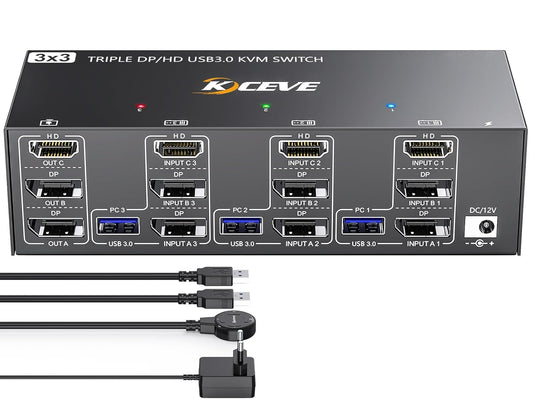 USB 3.0 KVM Switch 3 Monitors 3 Computers HDMI+DP+DP 3 Port, Triple Monitor KVM Switch 8K@60Hz 4K@144Hz for 3 Computers Share 4 USB 3.0 Devices Mouse Keyboard
