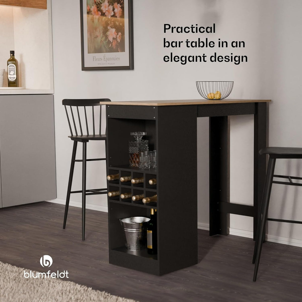 blumfeldt Bar table, standing table for the kitchen, 110 cm solid wood table, bistro & bar standing table rectangular, small wooden bar table, high table with 3 adjustable shelves, melamin coating - QUORE