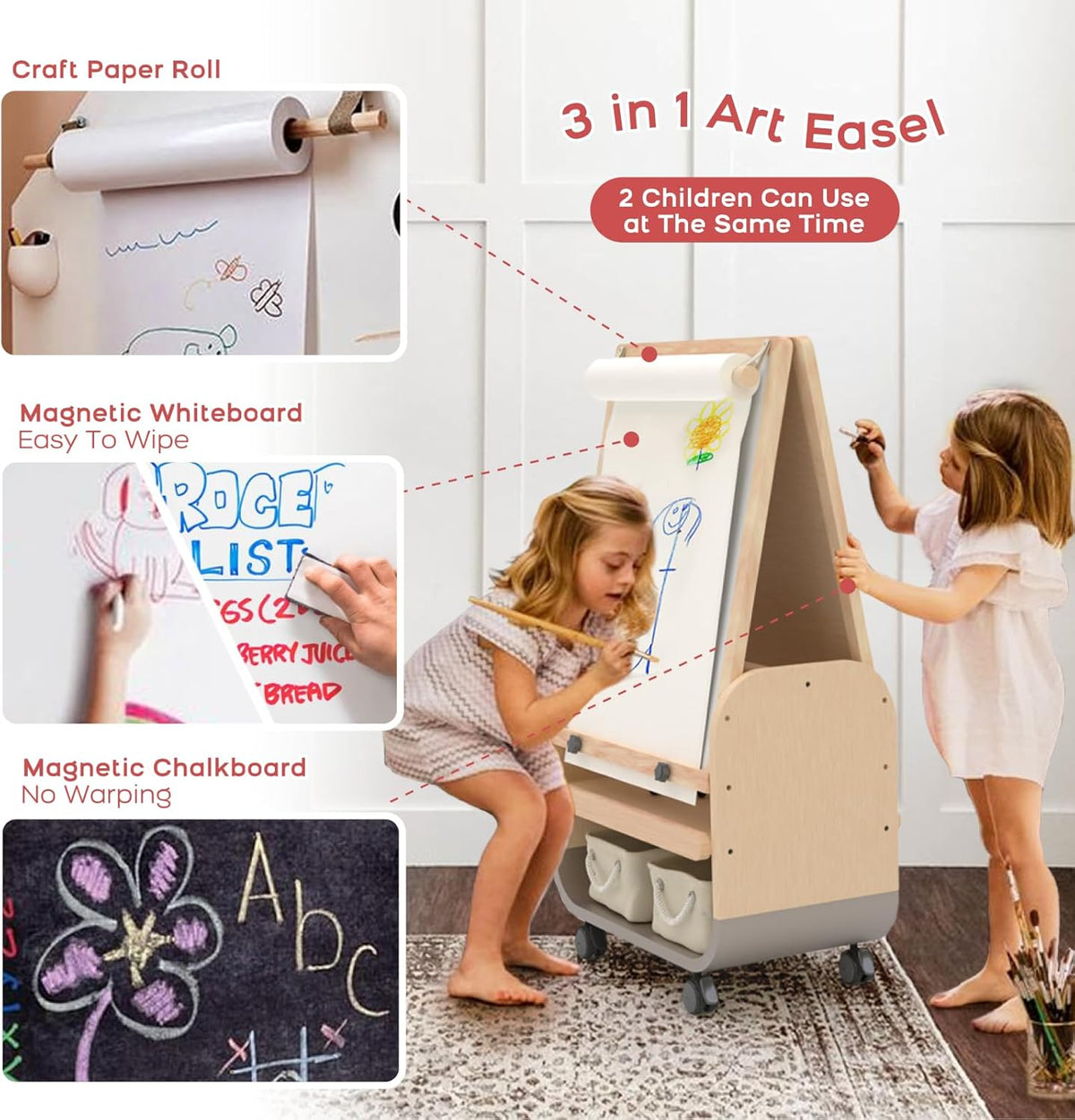 BanaSuper Verstelbare kinderezel met dubbel magnetisch oppervlak, whiteboard en whiteboard, kunstschildersezel voor kinderen, stille wielen, EN71-gecertificeerd en opbergtas