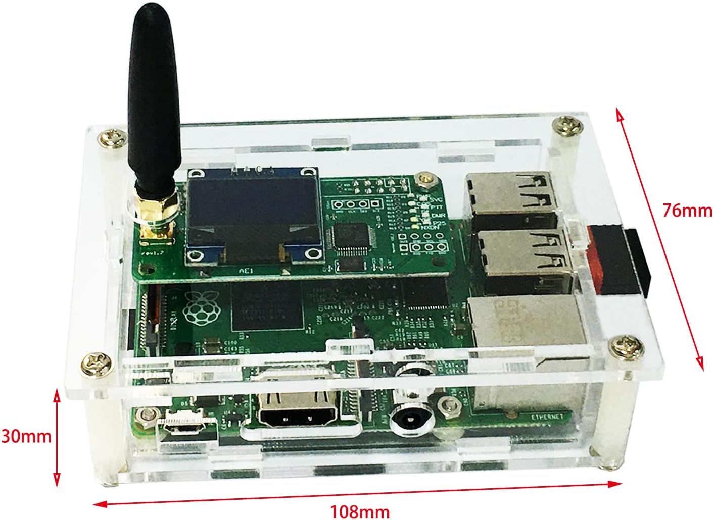All-New DMR Hotspot Ethernet-poort gemonteerd Radio Station WiFi Voice Modem Support DMR Dstar YSF P25 Fusion Antenna Raspbery Pi Model 2B Twee Kleuren OLED Acryl Shell