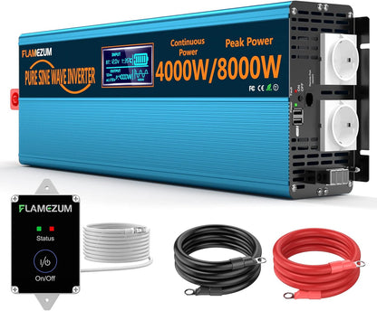 Pure sinus omvormer, 12 V naar 230 V, 4000 W spanningsomvormer met afstandsbediening, LED-display, 2 EU-stopcontacten en 2 USB-aansluitingen voor caravan, boot, camping