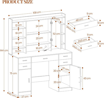 108cm Dressing Table with Mirror, Dressing Table with 3 Color LED Lighting, Makeup Desk with Hidden Shelves, 5 Drawers, 2 Cabinets and 9 Open Shelves, For Bedroom, White - QUORE