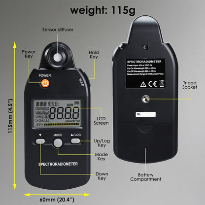 PAR-meter, Spectroradiometer Quantum PPFD-meter, Full-Spectrum Lichtmeting 320-800nm | UV, Zichtbare & IR-analyse, Kleurweergave, Plantengroeitesten | Gegevensrecord, MAX/MIN/AVG, statiefbevestiging