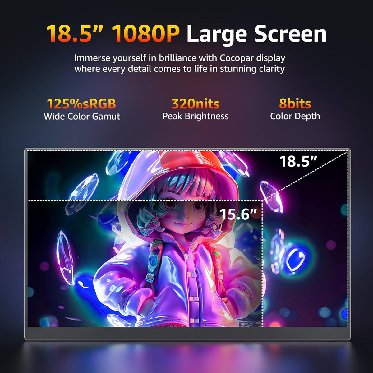 Draagbare Monitor – Reismonitor – Laptop Monitor – Extern Scherm – Gaming Monitor – 18,5 Inch Full HD – 100 Hz Verversingssnelheid – 120% sRGB Kleurnauwkeurigheid