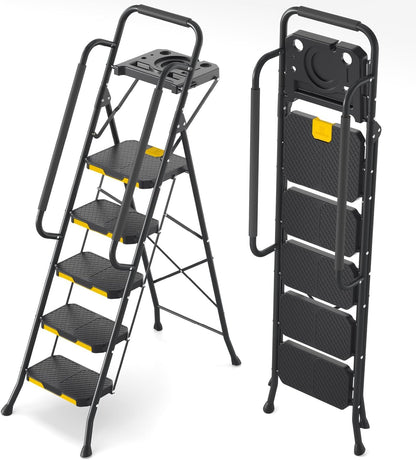 KINGRACK 5-traps ladder, opstapladder 5-traps inklapbaar met gereedschapsbak en veiligheidsleuningen, Lightwight huishoudladder voor uw keuken, voorraadkast, kasten, kantoorgebruik