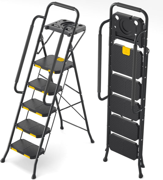 KINGRACK 5-traps ladder, opstapladder 5-traps inklapbaar met gereedschapsbak en veiligheidsleuningen, Lightwight huishoudladder voor uw keuken, voorraadkast, kasten, kantoorgebruik